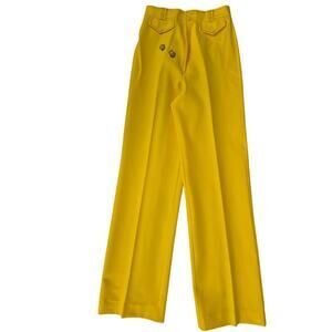 1970s Vtg Bright Yellow Poly Pants Wide Leg Bumble Bee Patches  24x32.5 XS